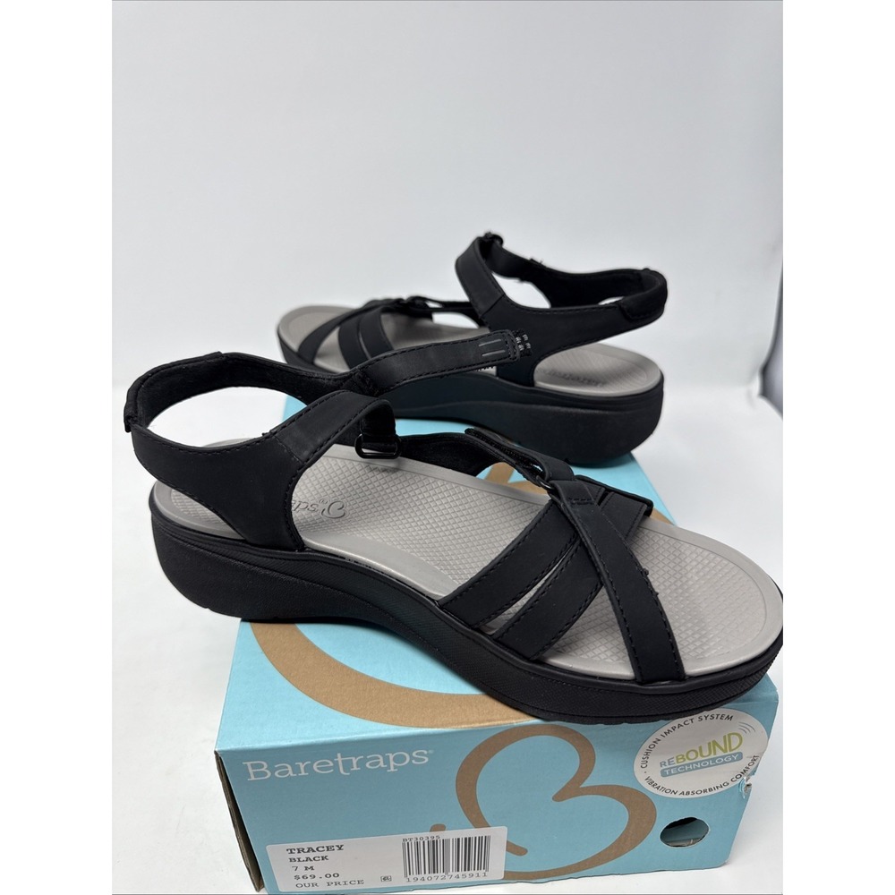 Baretraps Rebound Tracey Black Strappy Sandals Womens 7 M Comfort Wedge BT30395
